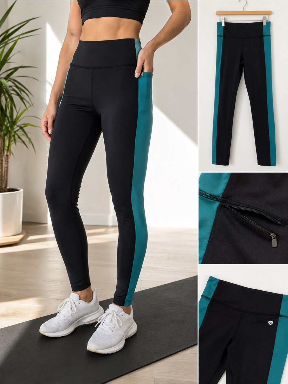 Colosseum Athletics Black Teal High Rise Leggings Size‎ L